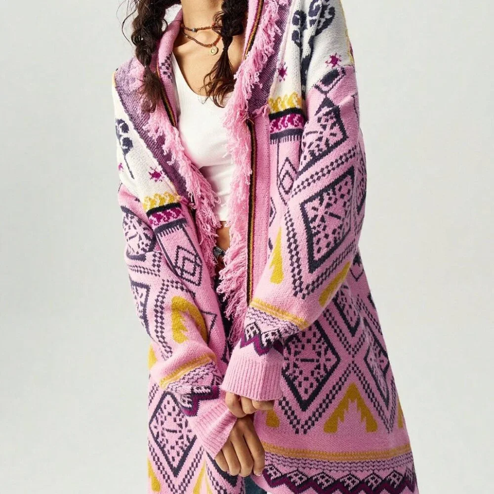 Pink Geometric Aztec Print Fringe Cardigan - Picture 7 of 15